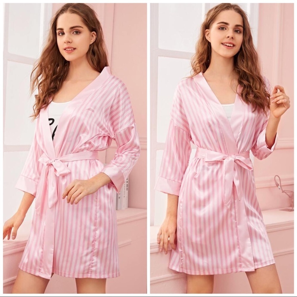 New Pink Striped Satin Silk-Like Kimono Robe - Picture 3 of 4